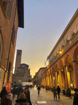 Piazza Verdi and Via Zamboni at sunset