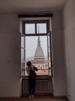 Maria admiring the Mole Antonelliana in Turin